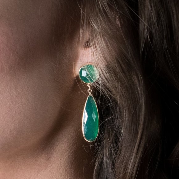 Green Agate in Silver/Yellow Gold Plated Earrings - Picture 7 of 9